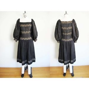 Vintage Goth Romantic Black Lace Balloon Sleeve Dress M L - Gothic Lolita Witchy